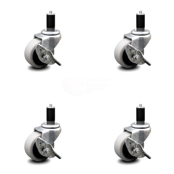 2 Inch Thermoplastic Wheel 1-3/8 Inch Expanding Stem Caster with Brakes, 4PK